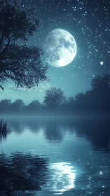 Lunar reflection over misted lacustrine horizon at night.