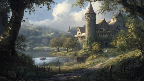 Sunlit riverside castle nestled in a peaceful green valley.