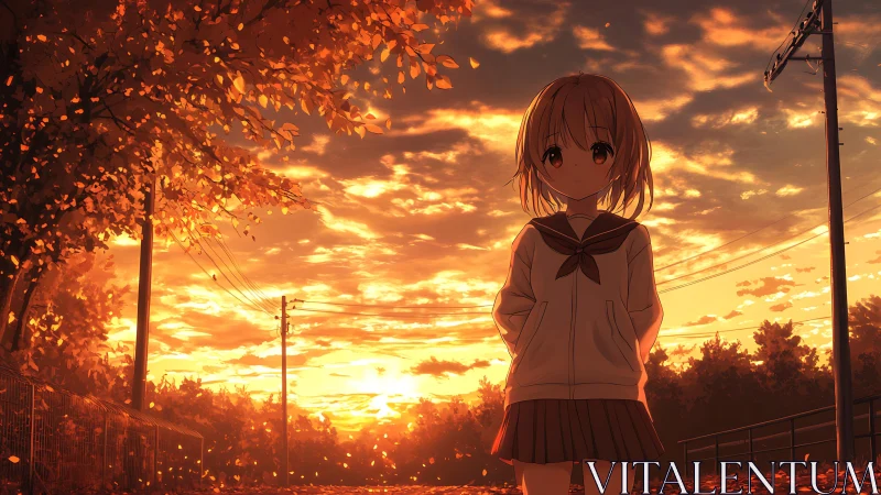 Schoolgirl on autumn street under orange sunset sky.