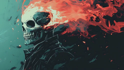 Flaming skeletal portrait uses dynamic red plume against teal field