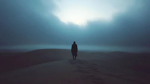 Solitary human silhouette on misted sand dunes at twilight
