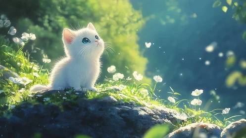 White kitten with blue eyes on moss-covered rock surrounded by white flowers.