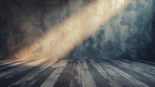 Empty rustic room with wood floor and diagonal sunlight beam.