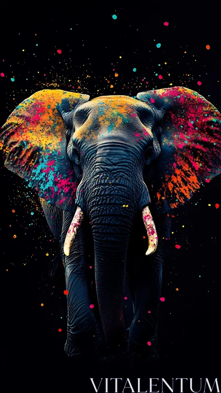 Color-splashed elephant portrait on deep black canvas.