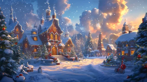 Snowy Christmas village street with glowing festive lights.