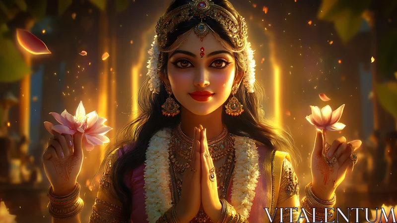 Digital portrait of adorned woman holding lotus flowers.