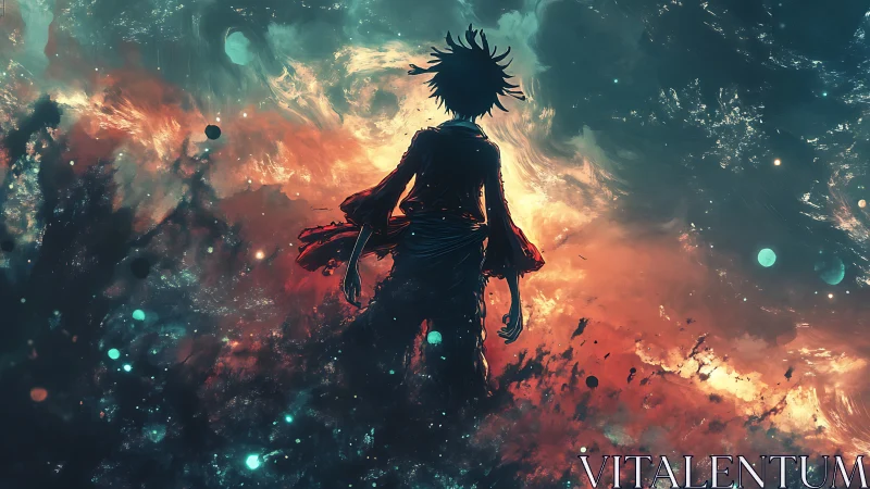 Silhouetted wanderer within swirling cosmic inferno storm.