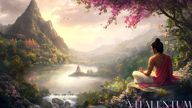 Serene sage meditates above a misty river valley at dawn