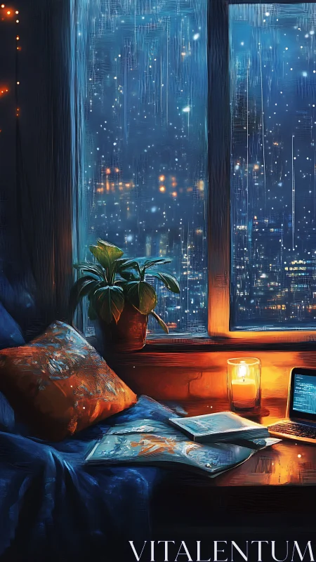 Rainlit window nook with candlelit laptop and city hush.