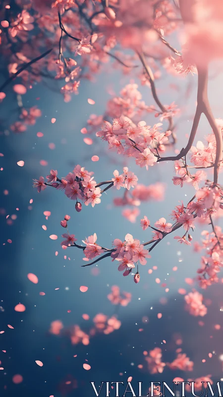 Cherry Blossoms Falling Against Soft Gradient Sky.