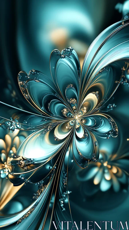Fractal metallic flower rendered in luminous teal and gold space