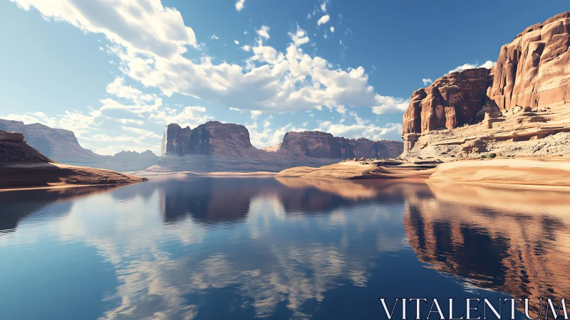 Photorealistic desert canyon lake with mirrored sandstone cliffs.