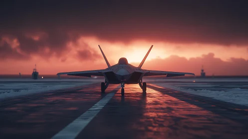 Stealth jet poised on wet runway at burning winter sunset.