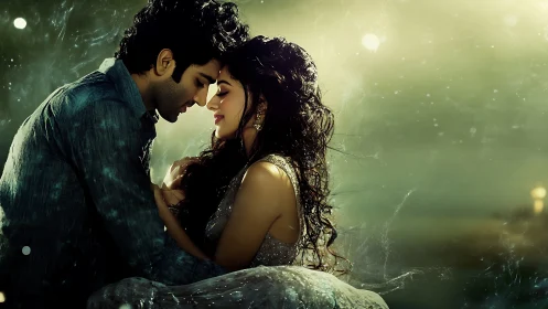 Couple in Rain: Intimate Portrait with Atmospheric Effects.