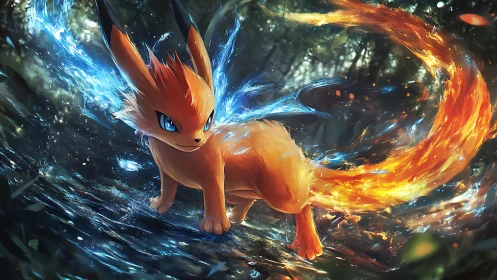 Fiery fox creature with glowing elemental tail in forest.