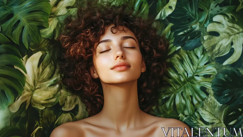 Photorealistic portrait within dense tropical foliage matrix.