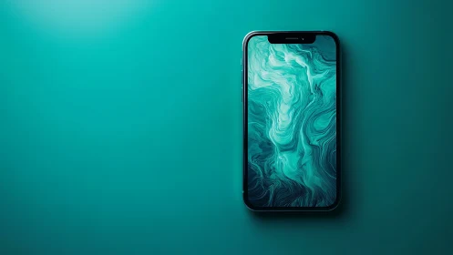 Smartphone with Liquid Turquoise Wallpaper Display.