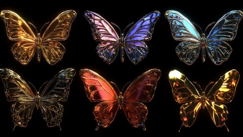 Six metallic butterfly renders show reflective color variations