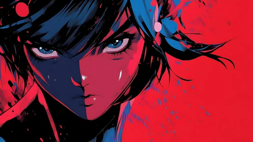 High-contrast anime portrait uses duotone palette and dynamic splatter