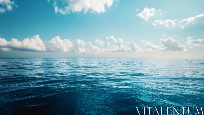 Sunlit open sea under drifting cumulus clouds panorama.