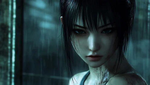 Cinematic cyberpunk portrait in rain-soaked close-up profile.