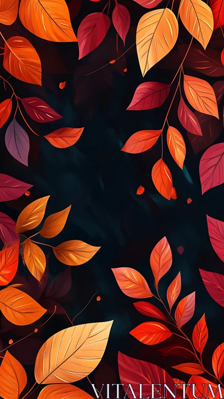 Ember-bright autumn leaves swirling on midnight velvet sky.