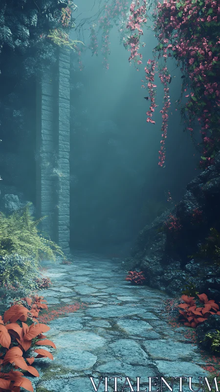 Cobblestone path drifts toward a mist veiled forest gate