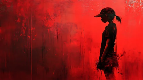 Silhouetted child in cap stands against textured red field