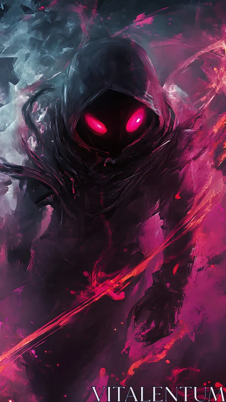 Hooded void wraith radiates neon crimson spectral energy.