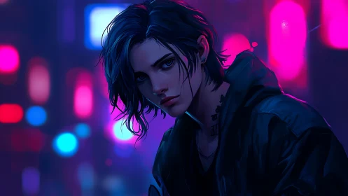 Neon-soaked cyberpunk portrait with bokeh urban backdrop.