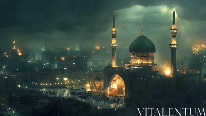 Nighttime cityscape shows illuminated mosque complex under clouds