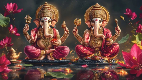 Twin Ganesha guardians pour golden calm into lotus-lit dusk