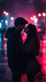 Couple kissing in rain with neon city lights in background
