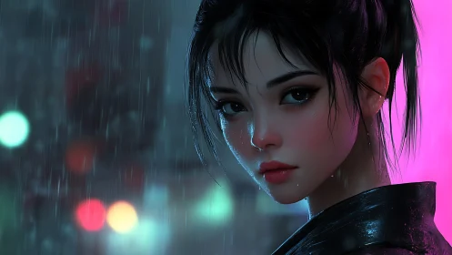 Woman in rain against neon city backdrop at night.