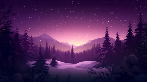 Alpine Dusk: Luminescent Mountain Landscape with Silhouetted Conifer Forest.