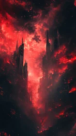 Cyberpunk inferno megastructures in vertical red voidscape.