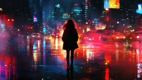 Silhouetted lone figure in neon soaked rainy city street.