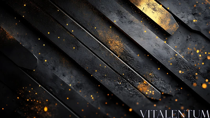 Golden sparks dance across textured black metal ribbons