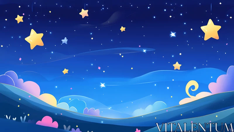 Cartoon night landscape with stars over rolling hills.