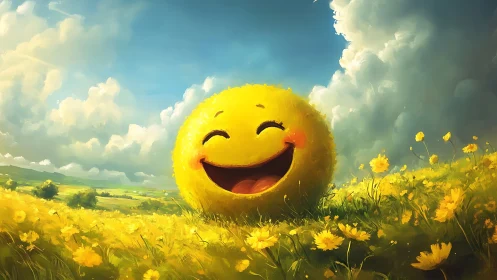 Smiling yellow sphere in flower field under cloudy sky.