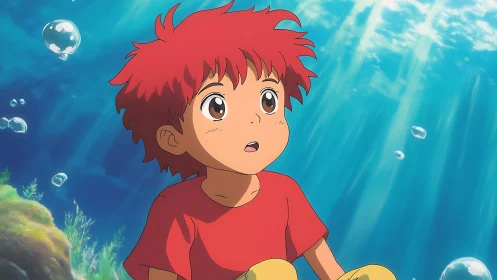 Animated child with red hair is seated underwater and observes