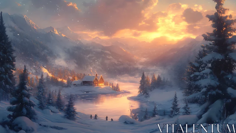 Snowy mountain valley cabin under soft sunset glow.
