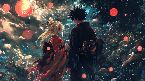 Lantern-lit lovers in enchanted forest under swirling orbs.