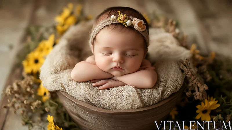 Peaceful Newborn Sleeping in Cozy Basket with Floral Crown
