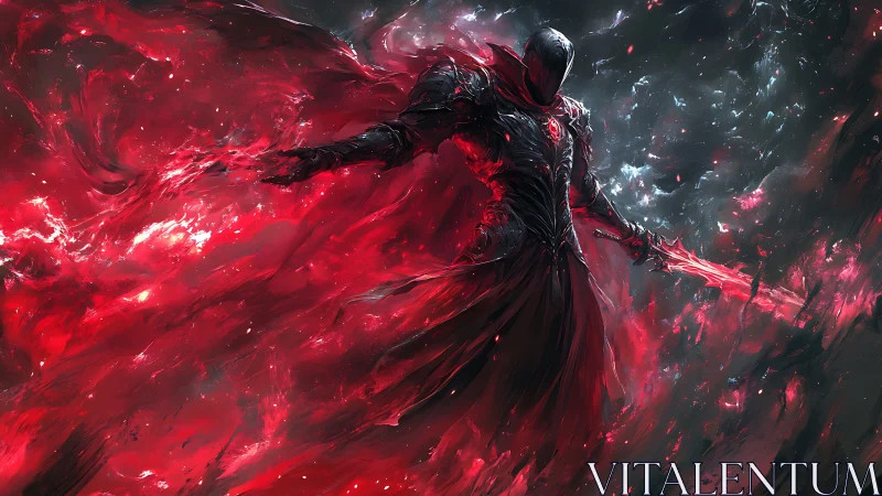 Dark armored warrior in red cosmic energy storm.