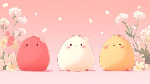 Pastel chicks beneath blossoms in soft pink spring glow.