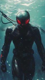 Armored aquatic operative advances through turbid water column