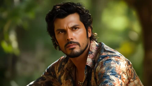 Photorealistic male portrait in shallow-depth botanical setting.