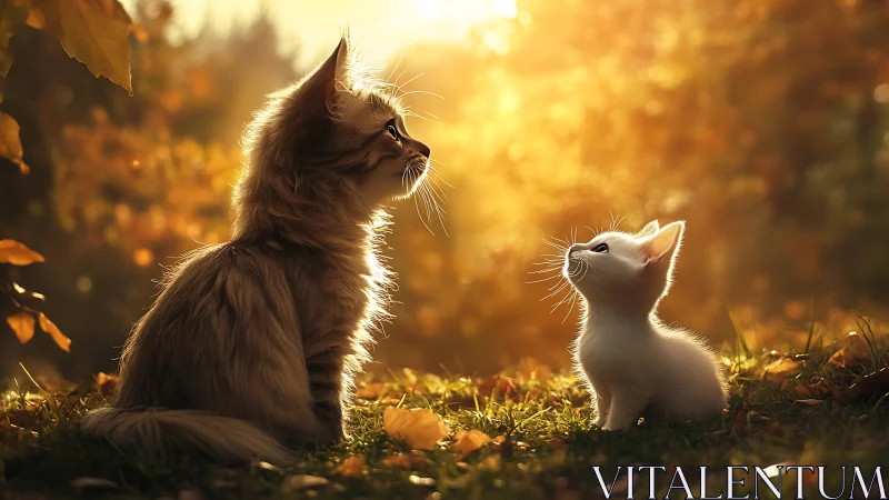 Two Cats in Autumn Setting with Golden Backlit Lighting.
