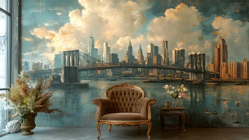 Vintage armchair before painterly New York bridge skyline wall.